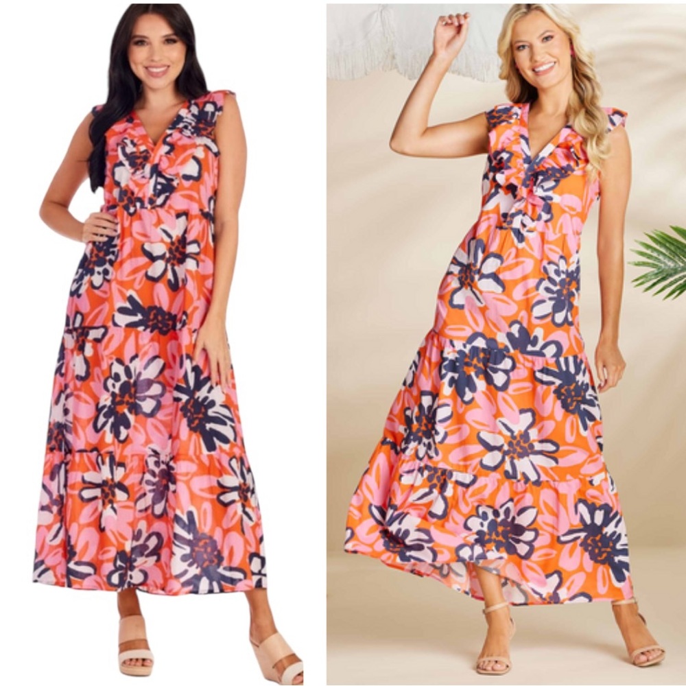 Mud Pie Tanya Pink Red Navy Blue White Floral Tiered Ruffle Maxi Dress - S